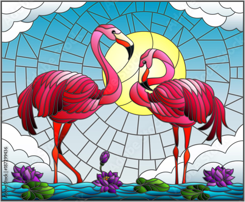 Illustration in stained glass style with pair of Flamingo , Lotus flowers and reeds on a pond in the sun, sky and clouds