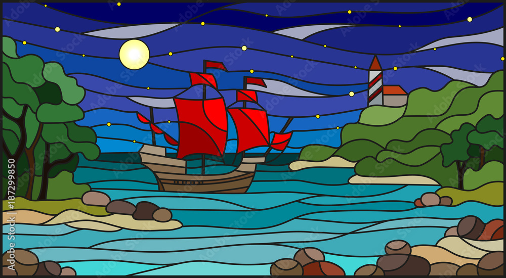 Stained glass illustration with sea views, sailing with red sails in rocky Bay on the background of sea , moon and starry sky Stained glass illustration with sea views, sailing with red sails in rocky Bay on the background of sea , moon and starry sky