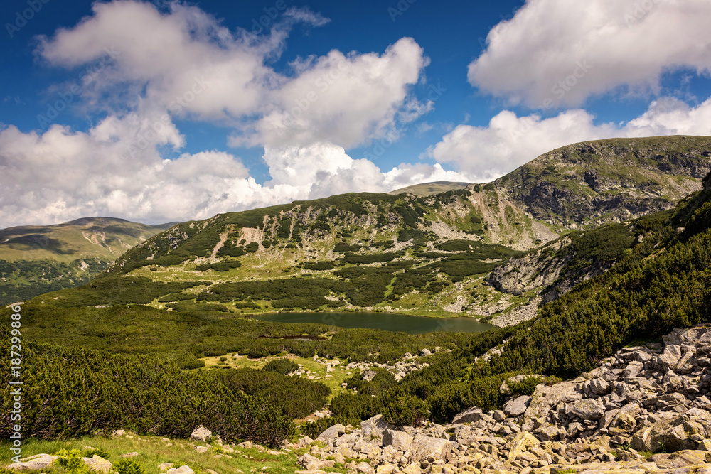 Scenic valley in the Parang mountains of Romania with blue skies and green scenery