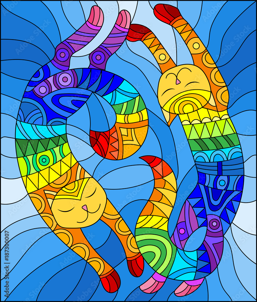 Illustration in stained glass style with a pair of abstract geometric rainbow cats on a blue background