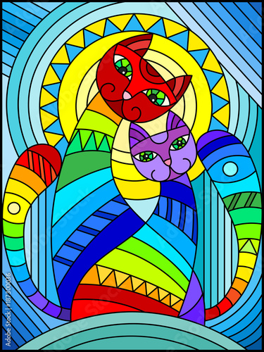 Illustration in stained glass style with a pair of abstract geometric rainbow cats on a blue background with sun 