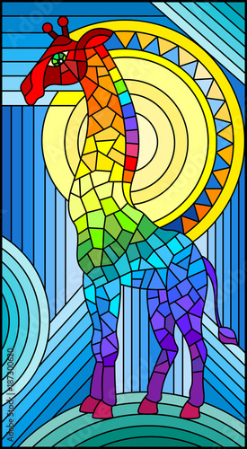Illustration in stained glass style giraffe abstract rainbow geometric background with sun