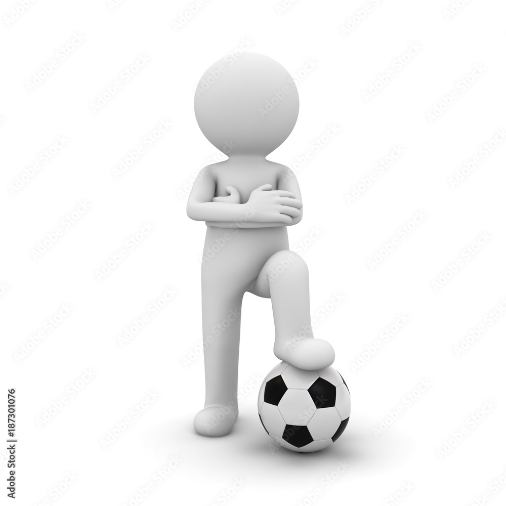 3d man standing with soccer ball under his foot isolated on white background. 3D rendering. 3d man standing with soccer ball under his foot isolated on white background. 3D rendering.