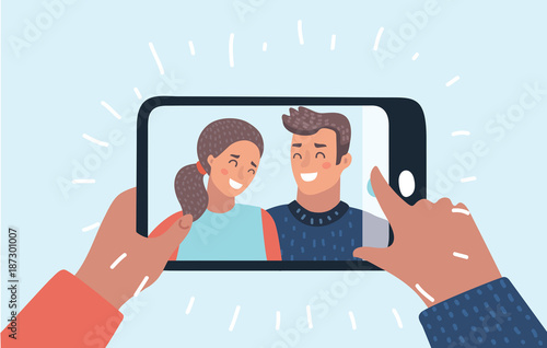 Happy Valentines day card. Romantic selfie stick in Paris. Romantic travel. Selfie Self Portrait Tool