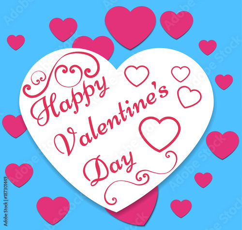 Heart from paper Valentine's Day Card on blue background. Handwritten calligraphy text message for lovers. Vector Illustration