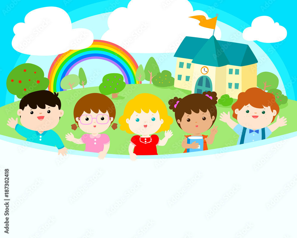 Cute multiracial children joyful at school background vector. Stock Vector  | Adobe Stock