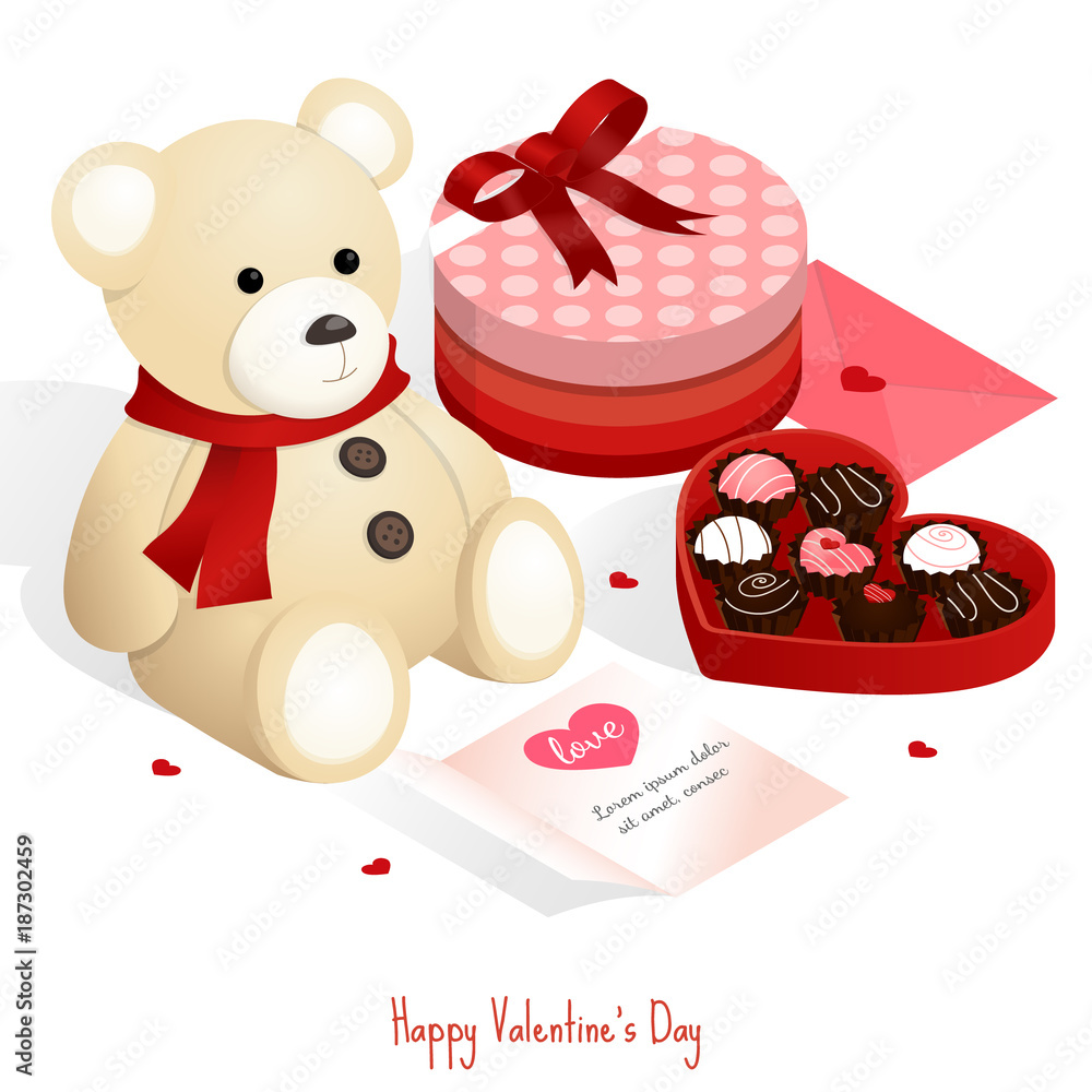 teddy bear and chocolates valentines day