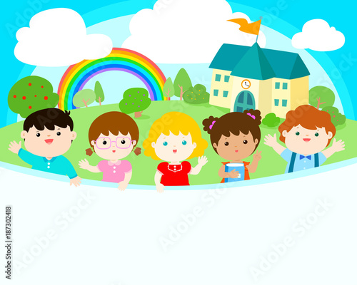 Cute multiracial children joyful at school background vector.