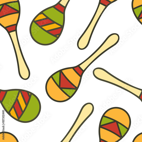 Traditional Mexican maracas seamless pattern. Vector cartoon image isolated on white. Concept of Happy Cinco De Mayo. Symbol of Mexican traditions and culture in minimal style. Welcome to Mexico.