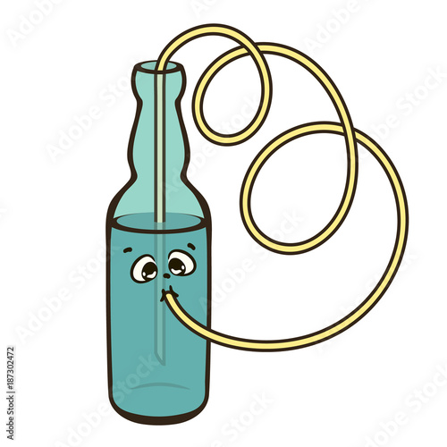 Cute cartoon bottle with tubule isolated on white. Bottle drinks water. Funny comic emotional character. Bottle drinking itself. Self-drinking. Thirst relief. Strong thirst. Water circulation print.