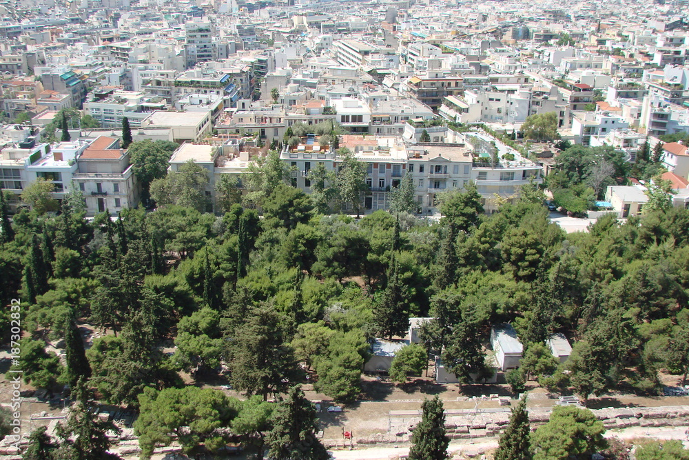 The landscape of the parks and streets of Athens, the capital of Greece, from the bird's-eye view.