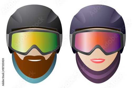 Front view, man and woman snowboarders, classic glasses and helmet. Vector isolated on white background