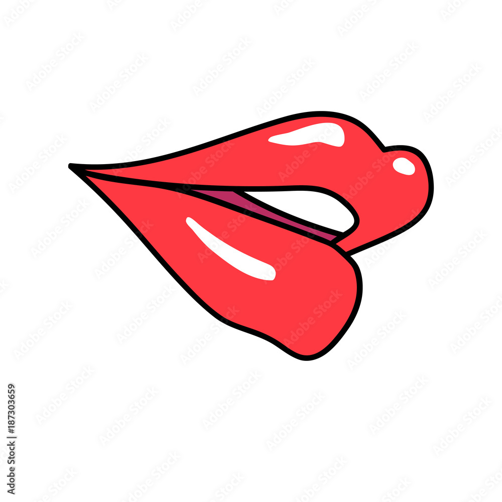 Vektor red lips isolated on white. Lips kiss sign, sticker, patch badge. Female mouth. Icon pop art 80s 90s style. Love valintines day symbol. Fashion illustration for banner, greeting card, textile. Vektor red lips isolated on white. Lips kiss sign, sticker, patch badge. Female mouth. Icon pop art 80s 90s style. Love valintines day symbol. Fashion illustration for banner, greeting card, textile.