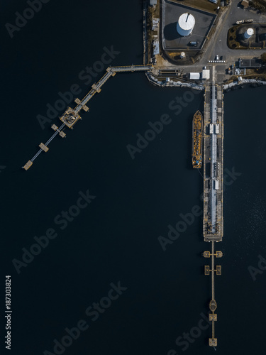 drone view of a ship in the port