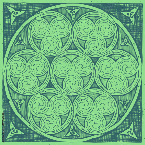 Green Celtic spirals patterns in ink hand drawn style.