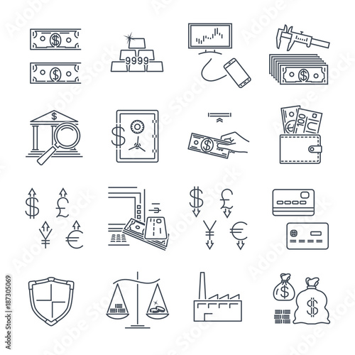 set of thin line icons business, finance, money, safe