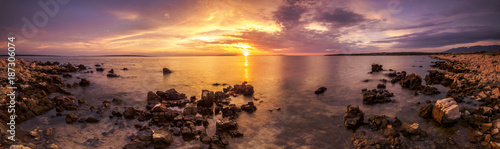 Panoramic view of the setting sun over a beautiful beach on the island of Pag  Croatia