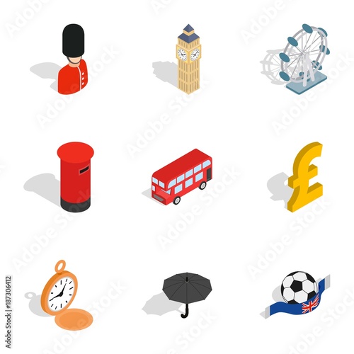 British culture icons, isometric 3d style