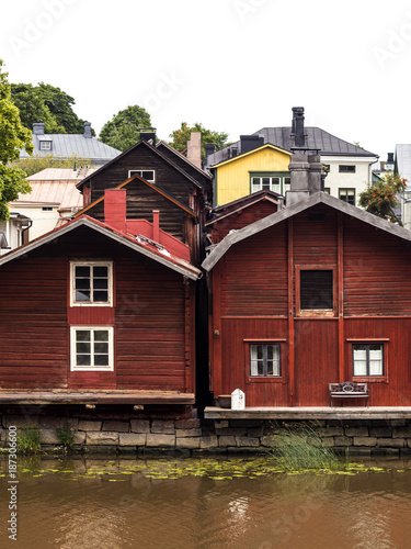 Old red wooden barns in the city of Porvoo in Finland.