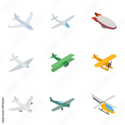 Flying aircraft icons, isometric 3d style