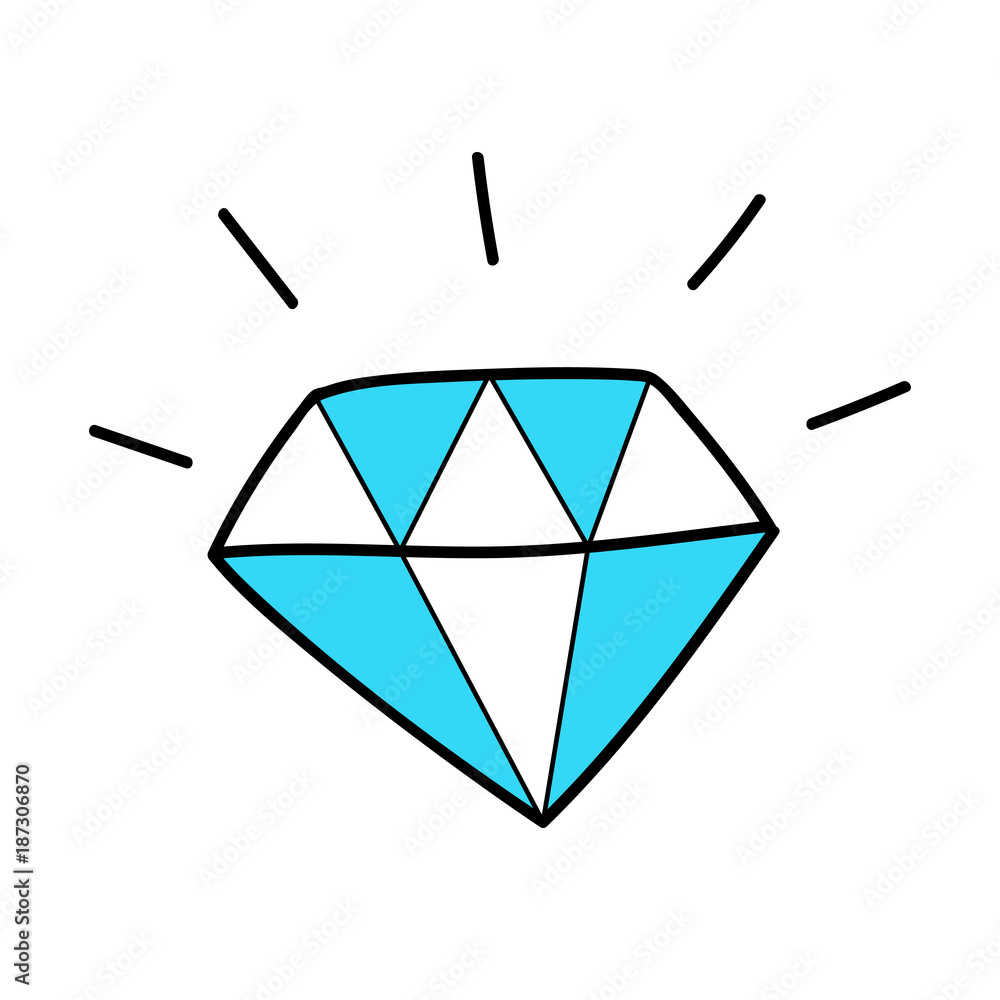Diamond isolated on white. Cartoon blue brilliant. Flat minimalist design. Vector fashion Illustration. Sticker, patch badge design 80s 90s Diamond isolated on white. Cartoon blue brilliant. Flat minimalist design. Vector fashion Illustration. Sticker, patch badge design 80s 90s