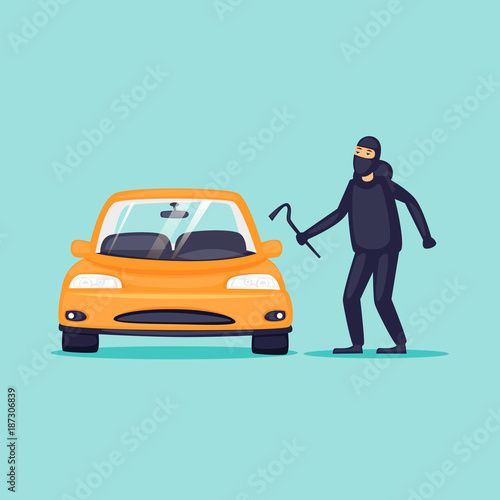 Thief steals cars, insurance. Flat design vector illustration.