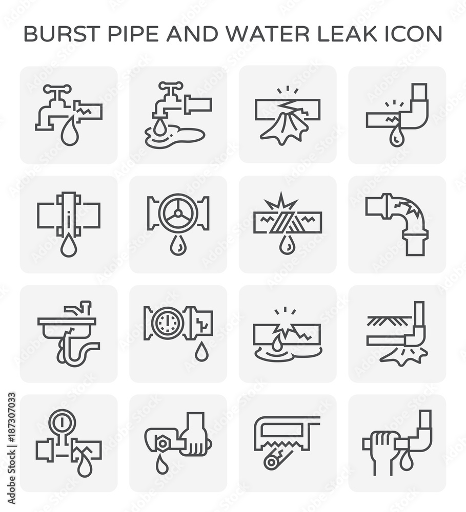 Burst pipe and water leak or plumbing problem and repair icon such as