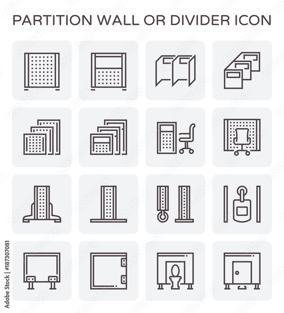 Partition icon. Also called room divider, wall panel, sanitary, portable and cubicle partition. Used for separate or divide interior space and room i.e. office, toilet, bathroom and exhibition. Partition icon. Also called room divider, wall panel, sanitary, portable and cubicle partition. Used for separate or divide interior space and room i.e. office, toilet, bathroom and exhibition.