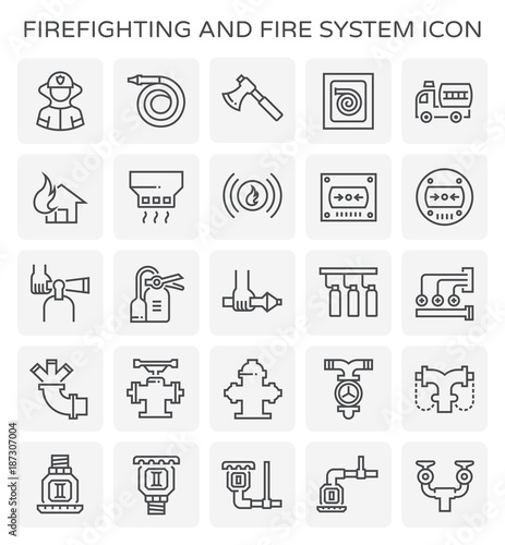 Firefighting system, equipment vector icon i.e. alarm, sprinkler, hose, extinguisher, firefighter for emergency, fire suppression by water, chemical. To safety, protection building. Editable stroke.