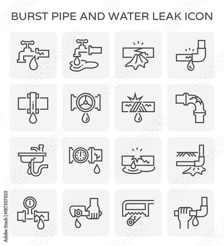 Burst pipe and water leak or plumbing problem and repair icon such as burst, leaking, noise and frozen at water supply pipe, faucet, valve control, fitting, connector, meter and underground location.
