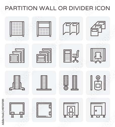 Partition icon. Also called room divider, wall panel, sanitary, portable and cubicle partition. Used for separate or divide interior space and room i.e. office, toilet, bathroom and exhibition.