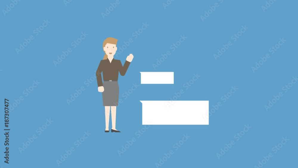 Businesswoman presentation with speech bubble pop up many size on blue color background, seamless looping animation 4K with copy space Businesswoman presentation with speech bubble pop up many size on blue color background, seamless looping animation 4K with copy space