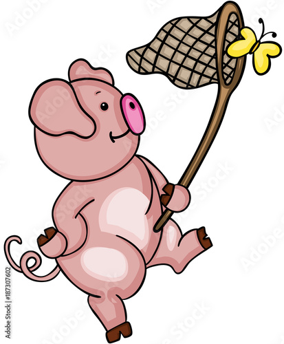 Cute pig chasing a yellow butterfly
