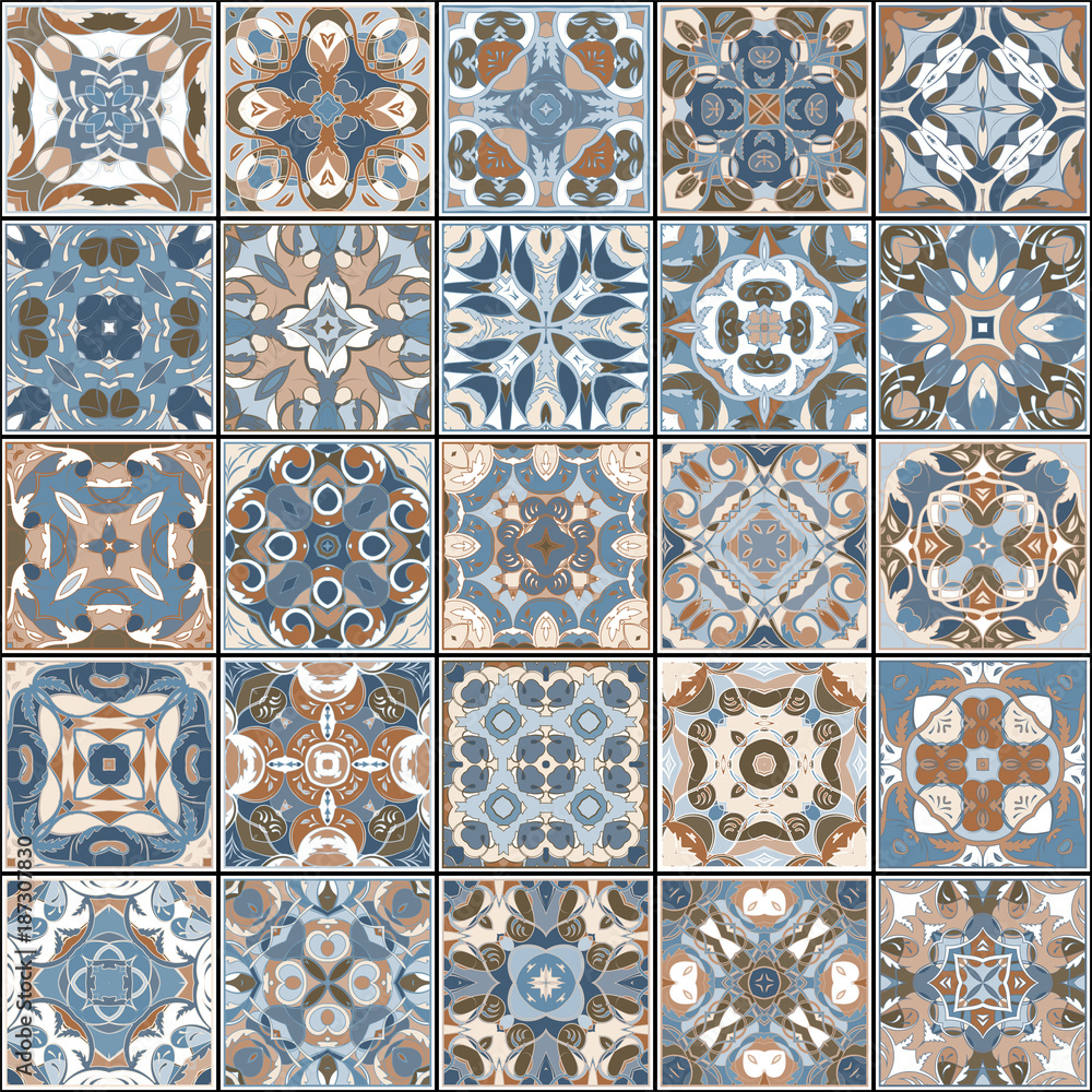 A collection of ceramic tiles in retro colors. A set of square patterns in ethnic style. Vector illustration. A collection of ceramic tiles in retro colors. A set of square patterns in ethnic style. Vector illustration.