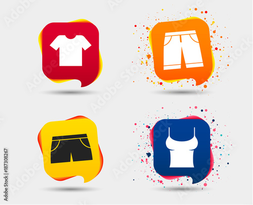 Clothes icons. T-shirt and bermuda shorts signs. Swimming trunks symbol. Speech bubbles or chat symbols. Colored elements. Vector