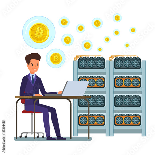 Concept of cryptocurrency. Businessman mining digital currency. photo