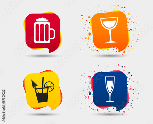 Alcoholic drinks icons. Champagne sparkling wine and beer symbols. Wine glass and cocktail signs. Speech bubbles or chat symbols. Colored elements. Vector