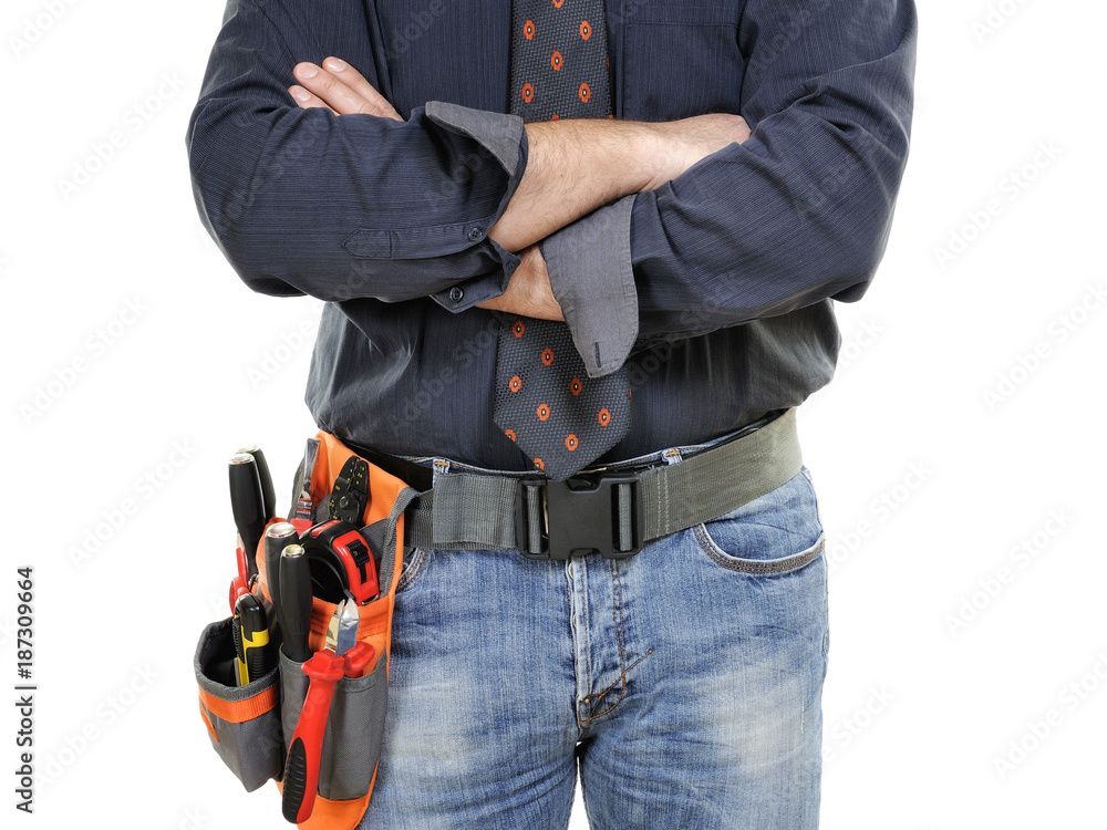 Close-up of an elegant electrician technician isolated on white background. Close-up of an elegant electrician technician isolated on white background.