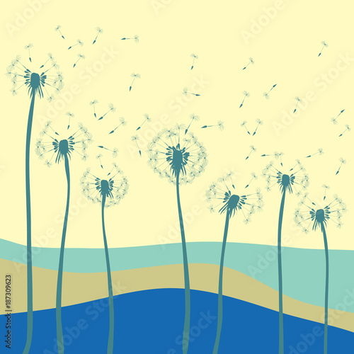 Naklejka Dmuchawce dmuchanie. Wektorowa ilustracja błękitne dandelions sylwetki na żółtym tle z naturą w odległości