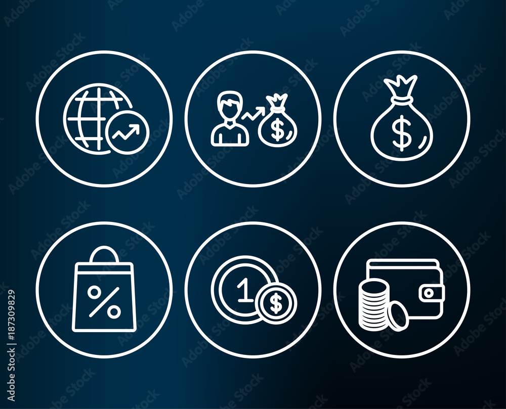 Set of Shopping bag, World statistics and Money bag icons. Sallary, Usd coins and Payment method signs. Supermarket discounts, Global report, Usd currency. Vector Set of Shopping bag, World statistics and Money bag icons. Sallary, Usd coins and Payment method signs. Supermarket discounts, Global report, Usd currency. Vector
