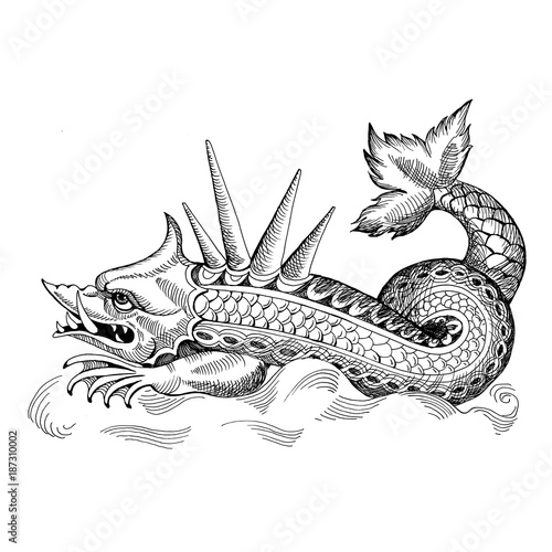 Mythological vintage sea monster. Fragment design of old pirate geographical map