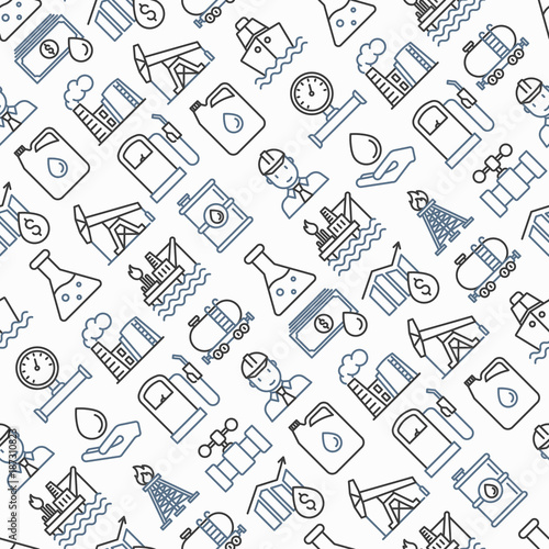 Oil industry seamless pattern with thin line icons: gas, petroleum, diesel,  truck, tanker, ship, refinery, barrel. Modern vector illustration.