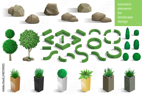 Set of landscape elements stones and plants for the design of the garden or the park. Vector graphics. Architectural isometrics