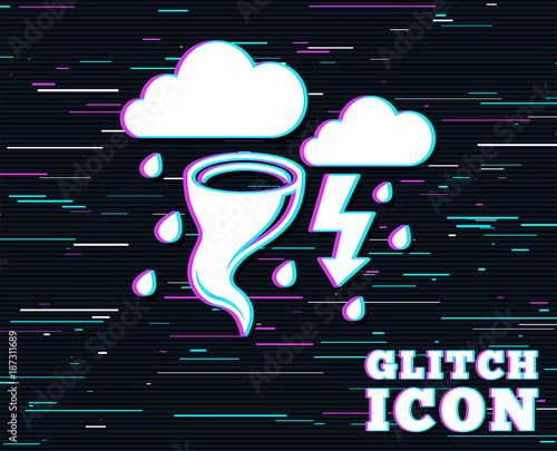 Glitch effect. Storm bad weather sign icon. Clouds with thunderstorm. Gale hurricane symbol. Destruction and disaster from wind. Insurance symbol. Background with colored lines. Vector
