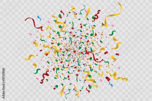 Colorful bright confetti isolated on transparent background. Festive vector illustration

