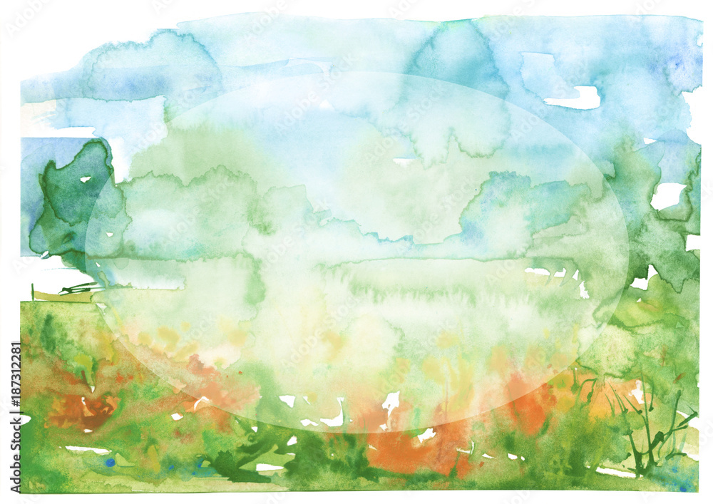 Watercolor background. Blossoming meadow, field, countryside landscape. Background, painting, pattern, painting. Summer, autumn landscape. Silhouettes of forest, trees, wild grass, flower, plant.