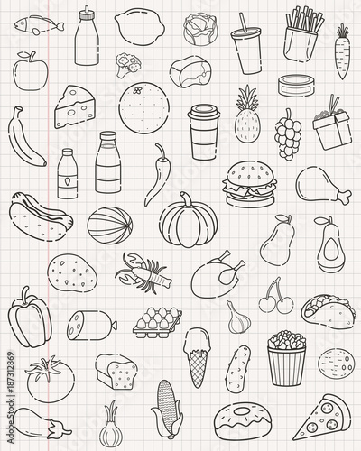 Food and drink icons. Fruits, Vegetables, Fast food and every day food icons. Outline design style. Vector