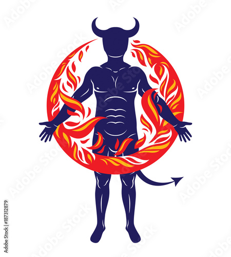 Athletic horned man surroun...