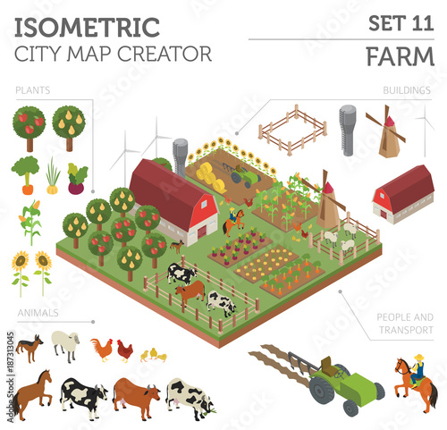 Flat 3d isometric farm land and city map constructor elements isolated on white. Build your own infographic collection