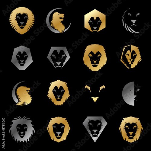 Fototapeta Naklejka Na Ścianę i Meble -  Lion Faces heraldic elements set. Heraldic Coat of Arms decorative logos isolated vector illustrations collection.